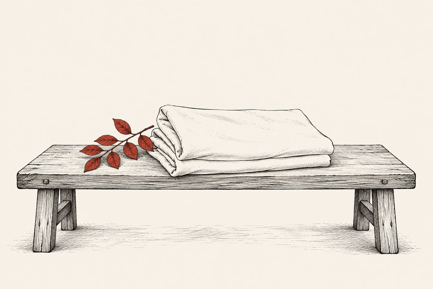 A folded white cloth on a wooden bench with red sidr leaves.