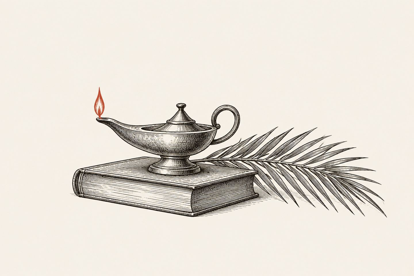 Ink drawing of a brass oil lamp with a red flame on a closed book.