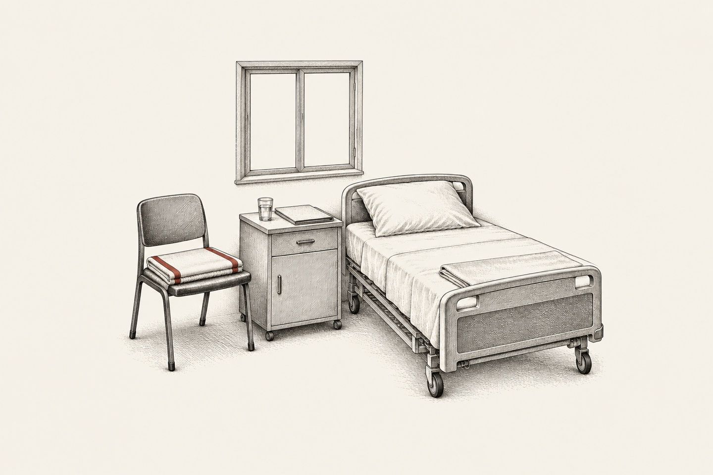 Ink drawing of a hospital bed with a folded white sheet beside a window, and a folded red prayer rug on the chair.
