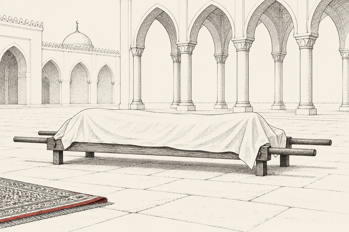 A plain wooden bier under a white sheet in a masjid courtyard.