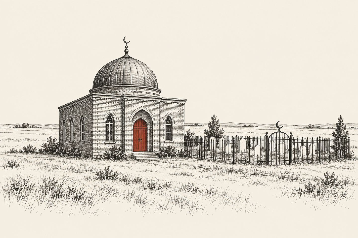 Ink drawing of a small domed brick masjid with a red door beside a fenced Muslim cemetery on the prairie.
