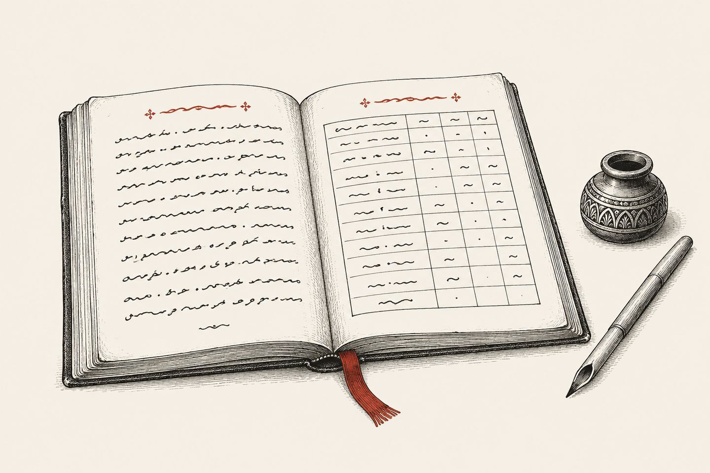 An open handwritten book with a ruled table, a reed pen and an inkwell.