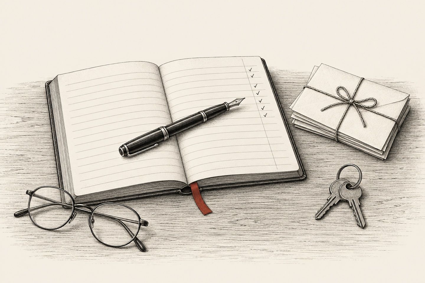 Ink drawing of an open ledger with a column of ticks, a fountain pen, keys and a bundle of letters tied with string.