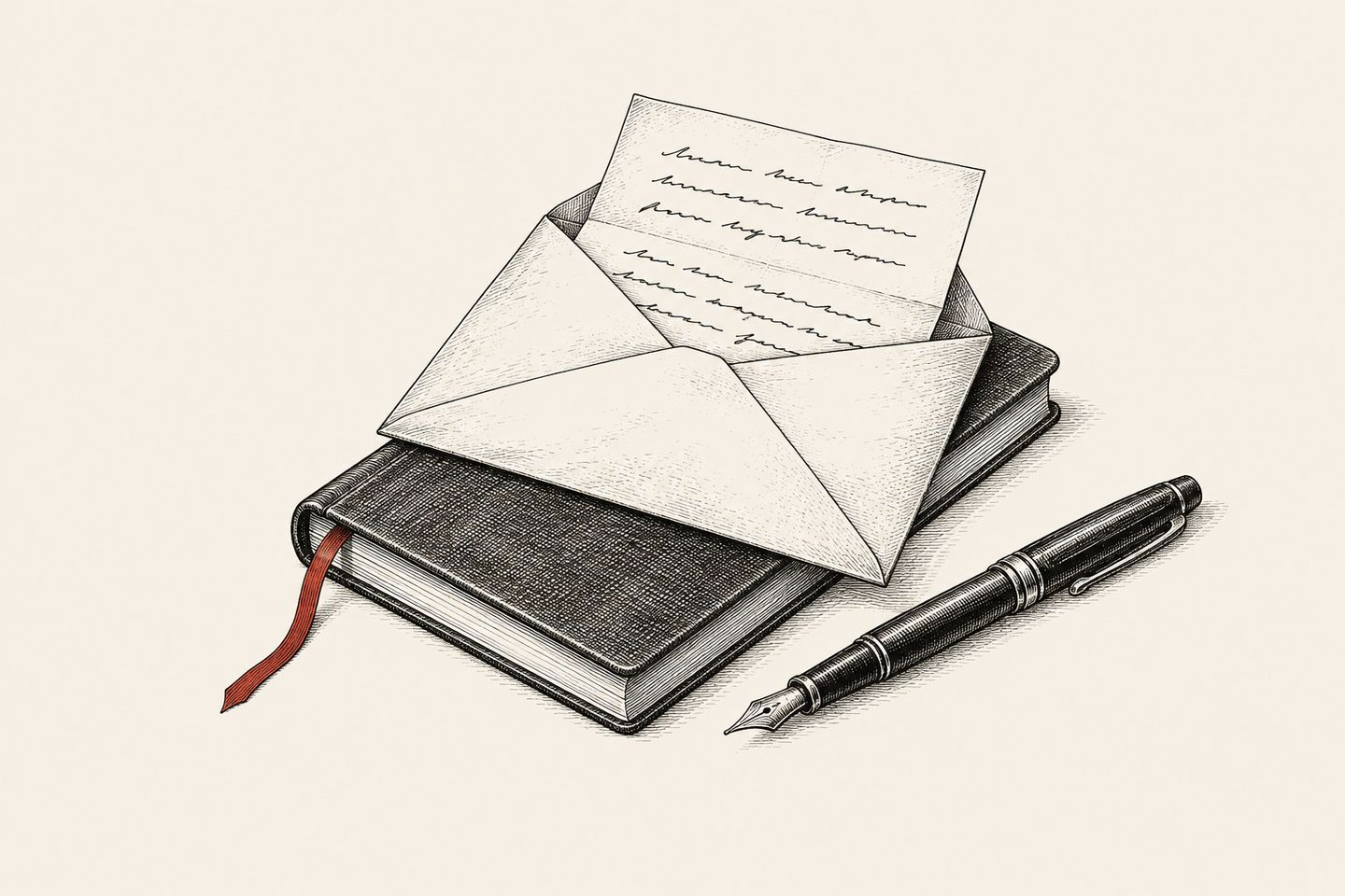 A handwritten letter in an envelope on a notebook, with a fountain pen.
